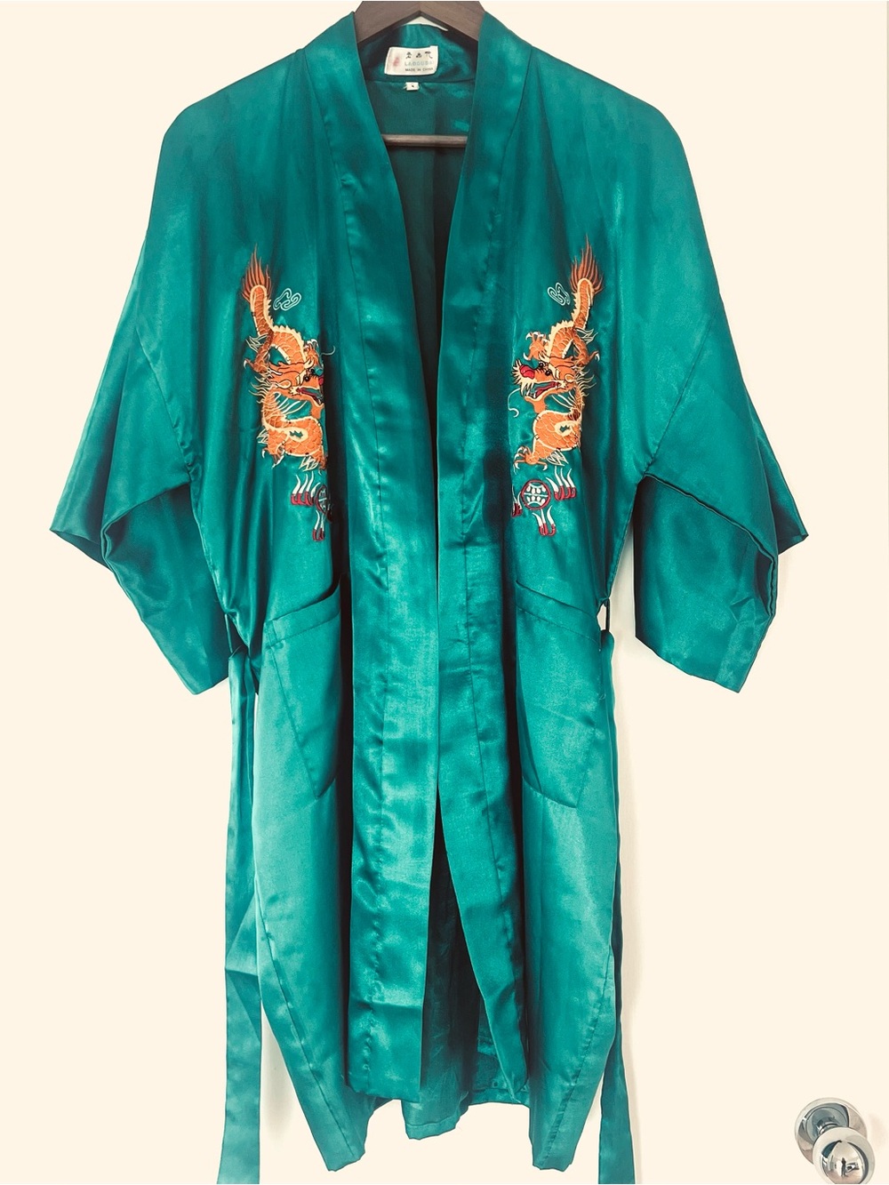 Silky Green Vibrant Dragon Embroidered Kimono Lounge Robe